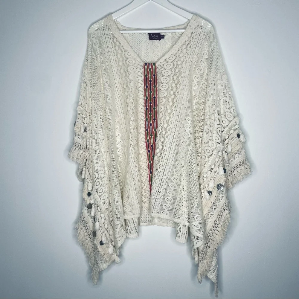 Avani Del Amour pullover Boho 100% Cotton crochet hippie Fringe poncho Size S/M - Picture 4 of 15